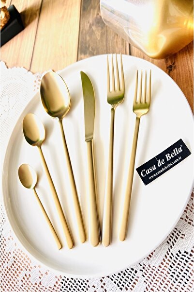 CASA DE BELLA Mat Gold 77 Parça 12 Kişilik Çatal Kaşık Bıçak Ve Servis Seti