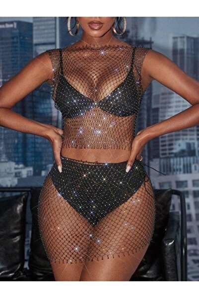 Novapia Σετ με φούστα από διχτυωτό ύφασμα και κροπ τοπ με πέτρες