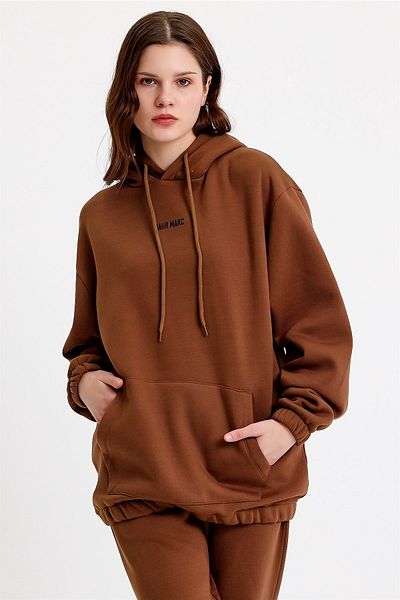 JAHR MARC Καφέ Oversize Γυναικείο φούτερ με κουκούλα