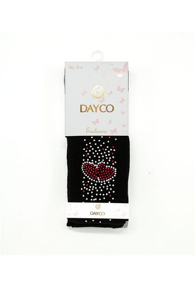 DAYCO Детски чорапогащи с бродирани камъни и шарка на сърце, черни