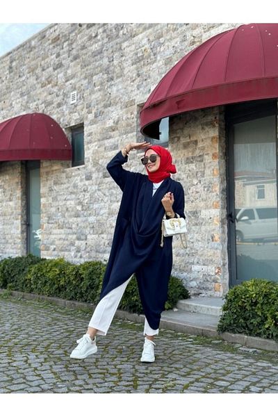 NS Moda Hijab Cross Kangaroo Tunic Navy Blue Model-417