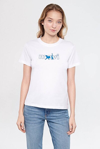 Mavi Weißes Damen-T-Shirt mit Katzenlogo-Aufdruck 1611478-620