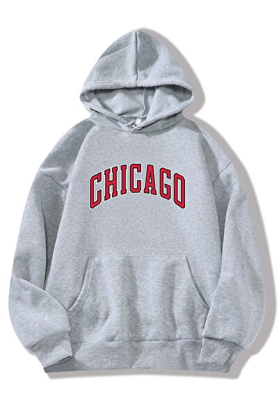 FUWEAR Hanorac cu glugă unisex cu imprimeu Chicago supradimensionat și fleece...
