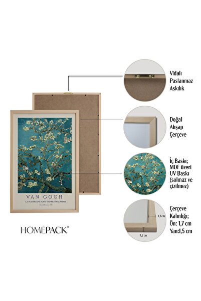 HOMEPACK Doğal Ahşap Çerçeveli 3'lü Vincent Van Gogh Tablo Seti Hpn105