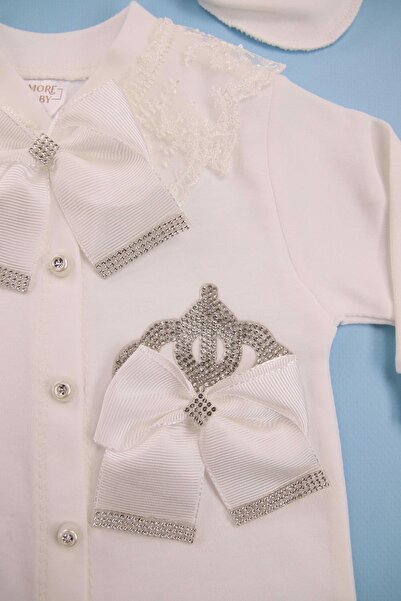 AMORE Kurdele Detaylı Taş Işlemeli Beyaz 3'lü Bebek Tulum Seti