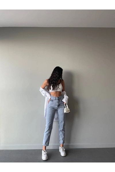 MAKRAS EXCLUSIVE Dámské světle modré lycrové džíny Maria, Acid Snow Wash, Mom Jeans se super vysokým pasem