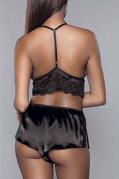 For Dreams Γυναικείο Navy Blue Lace Λεπτομερές σατέν Bralet Σετ σορτς 8308