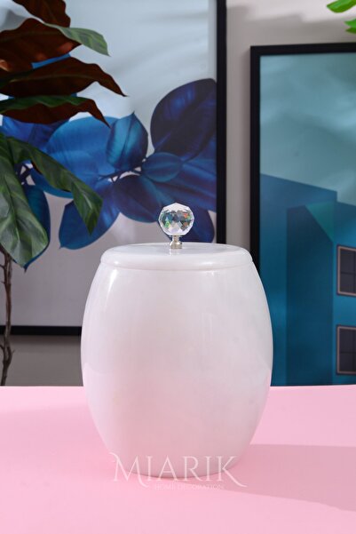 MIARIK DESIGN & DEKORASYON Dekoratif Beyaz Mermer Oval Çöp Kovası Krıstal Det...