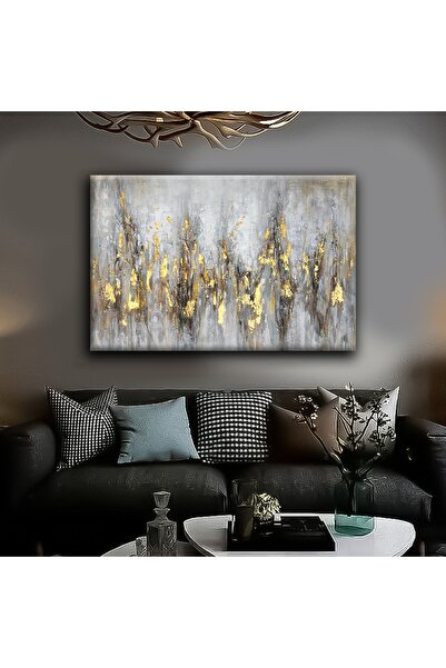 HEDİYE AKSESUARCIM Gri-altın Sarısı Yağlı Boya Efektli Soyut Tablosu |kanvas ...