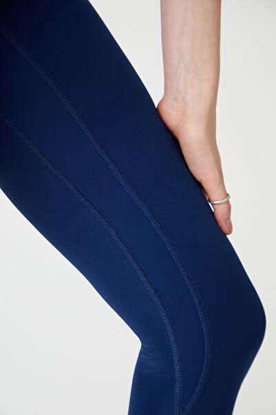 Los Ojos Navy Blue High Waist Stitching Detailed Sports Leggings High Rise