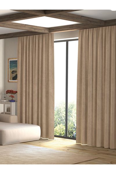 Pastel Velvet Textured Khaki Color Island Background Curtain Extrafor Drawstring