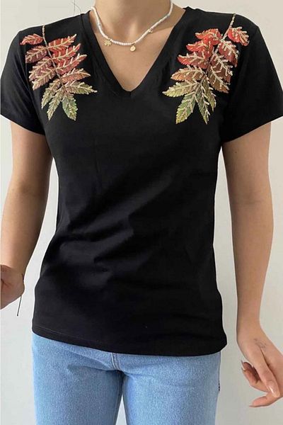 FEMELLE Tricou negru din bumbac, cu decolteu în V, cu modele de frunze