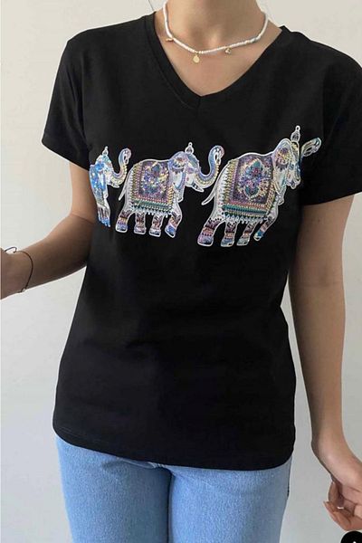 FEMELLE Tricou negru din bumbac, cu decolteu în V, cu model elefant, brodat cu paiete