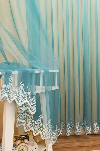 perhal perde ve halı Pleatless Tulle Curtain with Gradient Color Gradient Petrol Blue Skirts and Embroidery