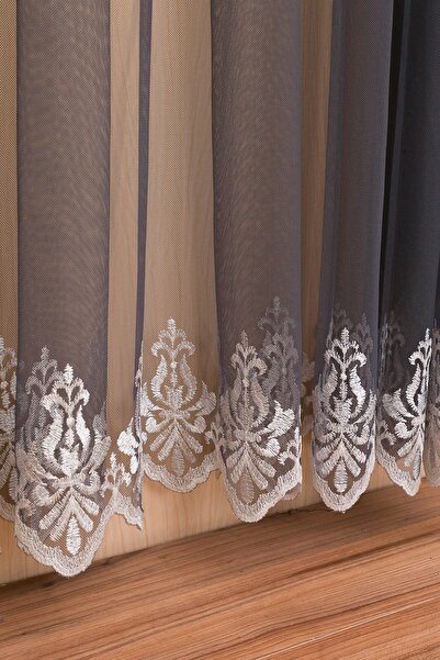 perhal perde ve halı Pleatless Tulle Curtain with Gradient Color Transition Anthracite Dark Gray Embroidered Skirts