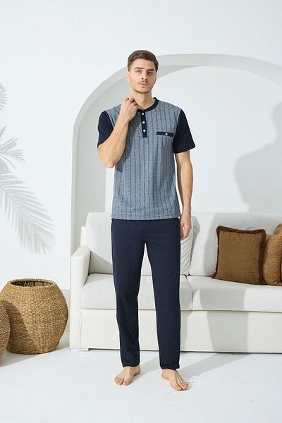 KLY Ανδρικό κοντομάνικο Midi γιακά Navy Blue Σετ πιτζάμες 9c5t0n5