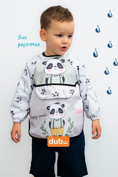 dubi baby Panda Pattern Long Sleeve Baby Food Bib with Pool