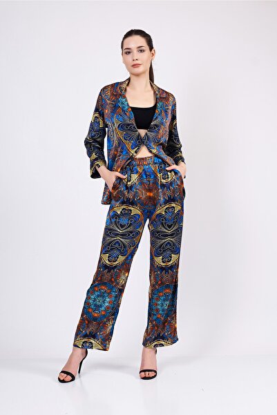 Nomads Felt Saf İpek Gömlek-Pantolon-Pijama Takımı | Mandala Desen Mavi | Nomads Felt