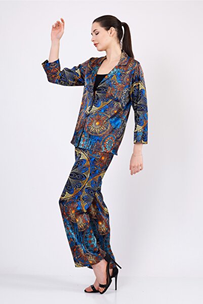 Nomads Felt Saf İpek Gömlek-Pantolon-Pijama Takımı | Mandala Desen Mavi | Nomads Felt