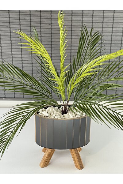 Bahçem Yapay Çiçek Palmiye Ahşap Elips Saksılı Areka Yapay Bitki Salon Çiçeği 9 Dallı 65cm