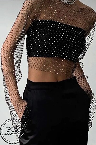 EAK ACCESSORY Crystal Rhinestone Long Sleeve Party Beach Mesh Crop Blouse Bustier