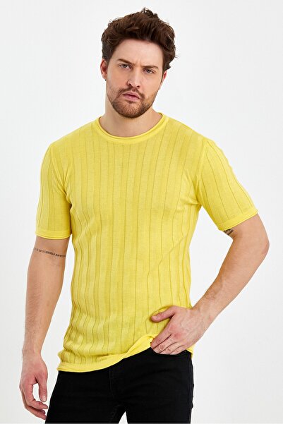 Tarz Cool Yellow Men's Round Collar Knitted T-shirt-trz10236r05l