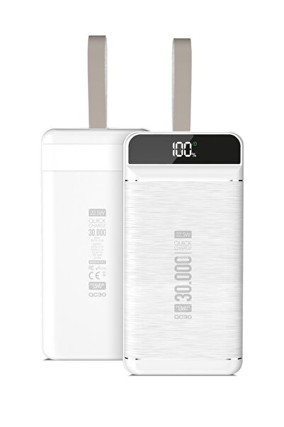 POWERWAY 30.000 mAh PD 22.5 W Hızlı Şarj Gerçek 30.000 mAh Garantili Led Fener Dijital QC30 Beyaz Powerbank