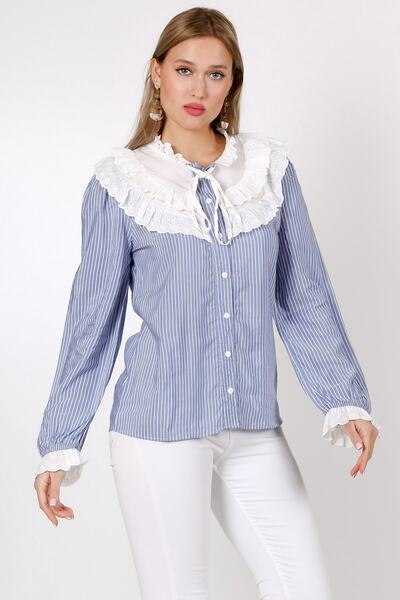 Chiccy Blue Ruffle Collar Ruffle Sleeve Striped Button Embroidered Woven Blouse