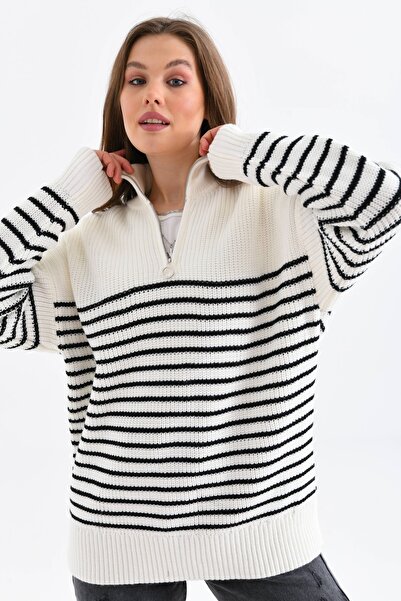 VOLT CLOTHİNG Γυναικείο πλεκτό πουλόβερ με φερμουάρ έξι ριγέ