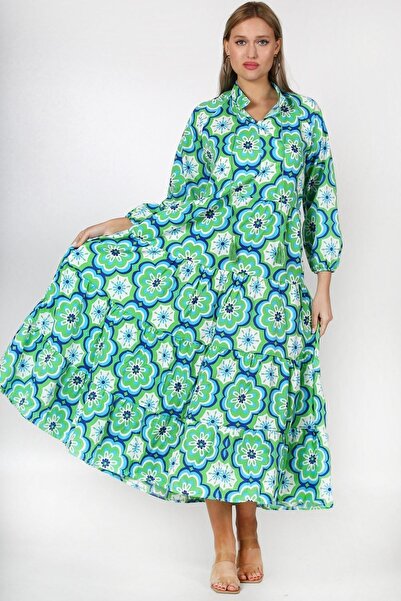 Chiccy Zelené magnetický límec s balónkovým rukávem s květinovým celoplošným potištěným širokým střihem tkané šaty