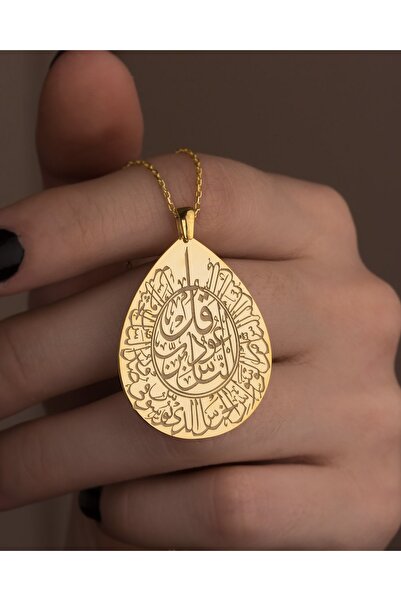 İNDİGO TAKI Uzun Zincir Damla Plaka Nas Felak Suresi Altın Kaplama Gümüş Kolye