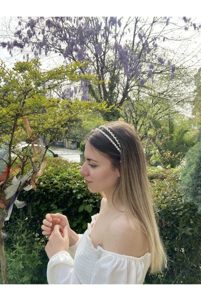 Pearly Handmade Accesoriu pentru păr cu coroană dublă din piatră de cristal alb perlat