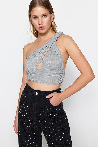 Trendyol Collection Stříbrná pletená třpytivá lemovaná blůza TPRSS23BZ00079