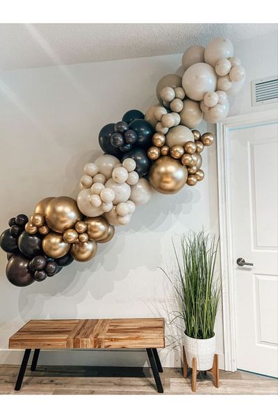 MERİ PARTİ 100 Pieces Balloons And Balloon Chain Sea Sand Black And Gold Chrome Balloon Chain Birthday Concept