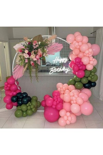 MERİ PARTİ 100 Pieces of Balloons and Balloon Chain Fuchsia Pink Mold Green Black Balloon Birthday Concept