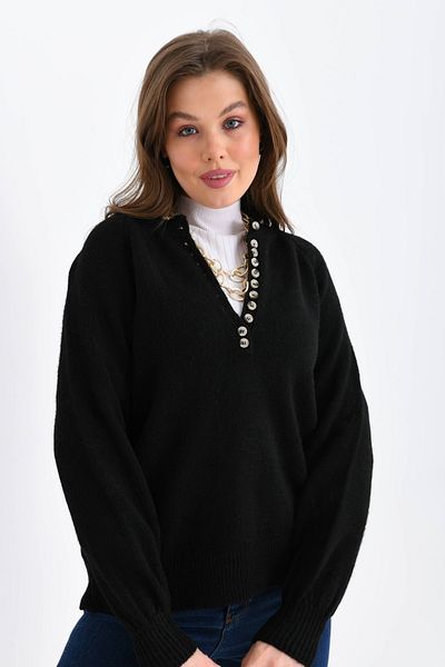 VOLT CLOTHİNG Gestreifter Strickpullover mit Rollkragen und geknöpftem Kragen für Damen