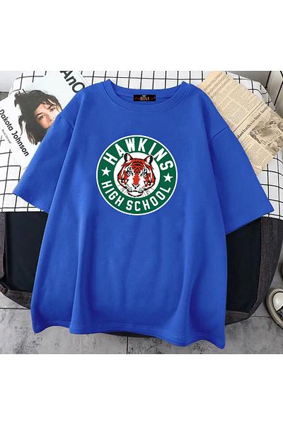 Buğraterzimoda Μπλουζάκι Hawkins High School με στάμπα με λαιμόκοψη Vintage Saks Blue Oversize