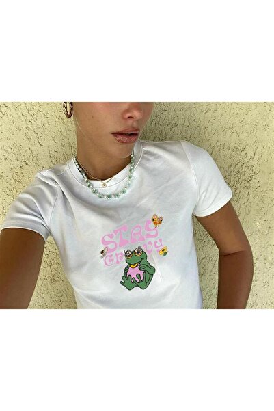 Gofeel White Crop - Stay Groovy Frog Printed