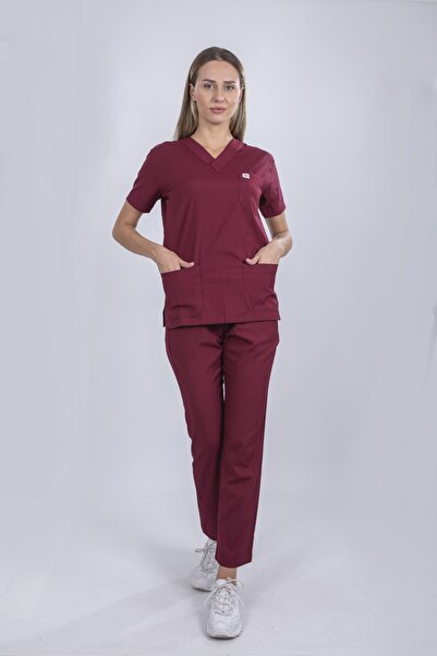 monotıp Soft Likralı Cerrahi Takım,hemşire Forması,unısex,takma Kol,bordo