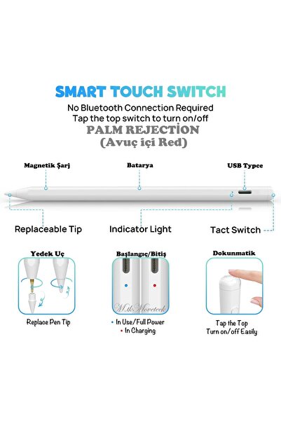 m.tk moveteck Ipad Air 5.nesil Kablosuz Şarj Olabilen Eğime Duyarlı Avuç Içi Red Özellikli 2. Nesil Magnetik Kalem