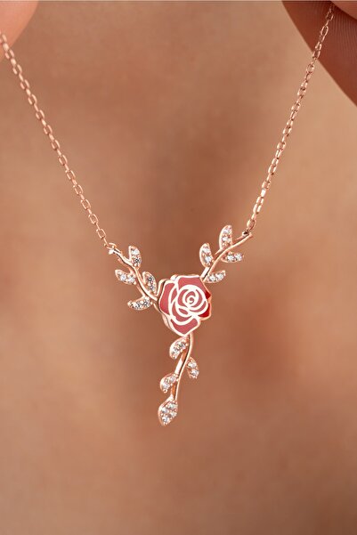 Nereze 925 Ayar Gümüş Daldaki Kırmızı Mineli Gül Kolye