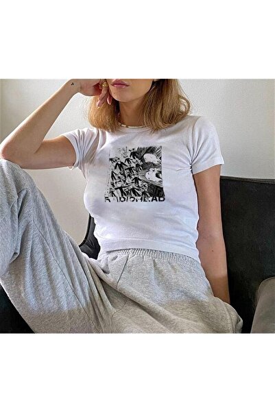 Gofeel Bluză crop top pentru femei, cu imprimeu Radiohead Rock, albă