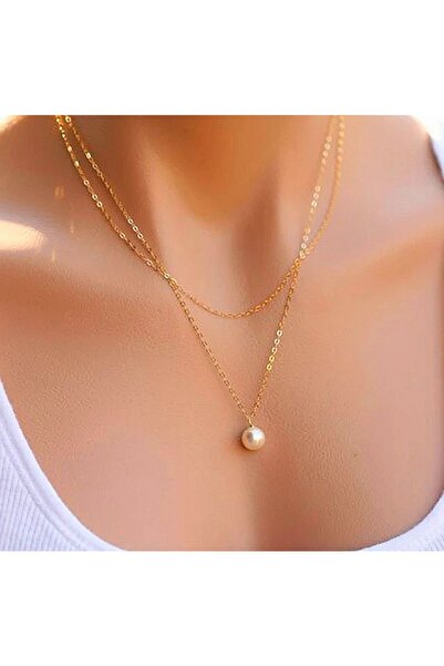 Roe takı aksesuar Kadın Kolye Tek Incili Zarif Zincir Altın Renk Kolye