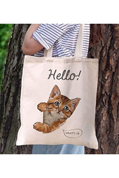 Bk Gift Cat Design Canvas Tote Bag, Printed Shoulder Bag, Shopping Bag, Beach...