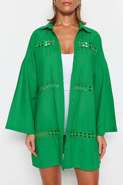 Trendyol Collection Plážová košile ze 100% bavlny se zeleným tkaným proužkem TBESS22GO0213