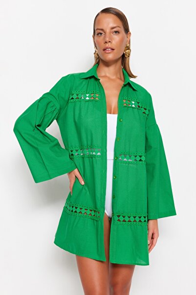 Trendyol Collection Plážová košile ze 100% bavlny se zeleným tkaným proužkem TBESS22GO0213