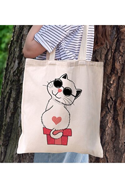 Bk Gift Cat Design Canvas Tote Bag, Printed Shoulder Bag, Shopping Bag, Beach...