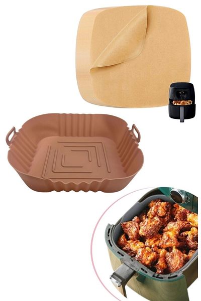Buffer ® 50 Pieces of Baking Paper Without Holes Flat Square Model and Silicone Airfryer Container 20 Cm