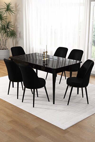 Canisa Pir Serisi 80x130 Sabit Siyah Mermer Desen Mutfak Masa Takımı Ve 6 Siy...