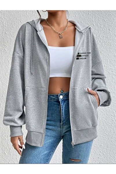 Altamira Unisex Gray Effect Printed Thin Seasonal Hooded Oversize Cardigan